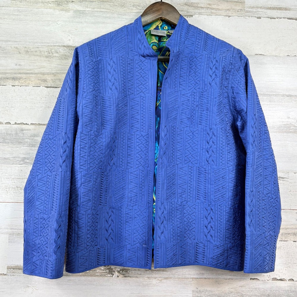 Chicos Quilted Silk Jacket Womens 1 M Blue Open Front Geometric Embroidered Chic